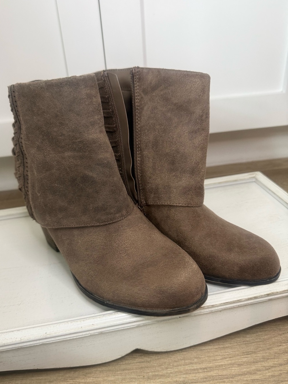 Fergalicious Taupe Suede Ankle Booties